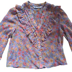 Zara Women’s Small Floral Ruffle Blouse Multicolor Red Blue Button Front
